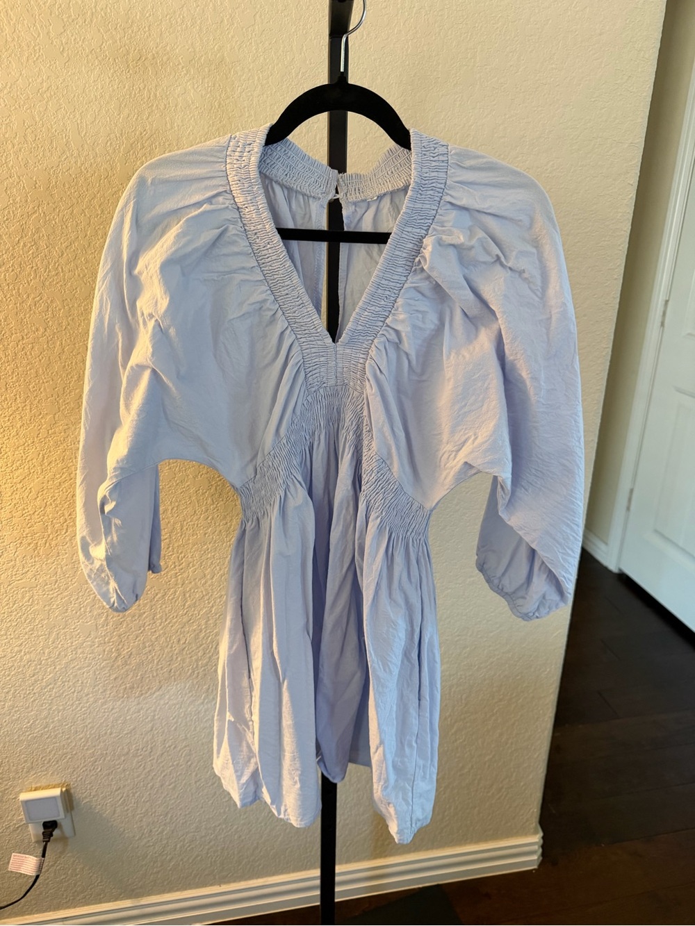 Amazon Pale Blue Smocked V-Neck Mini Dress